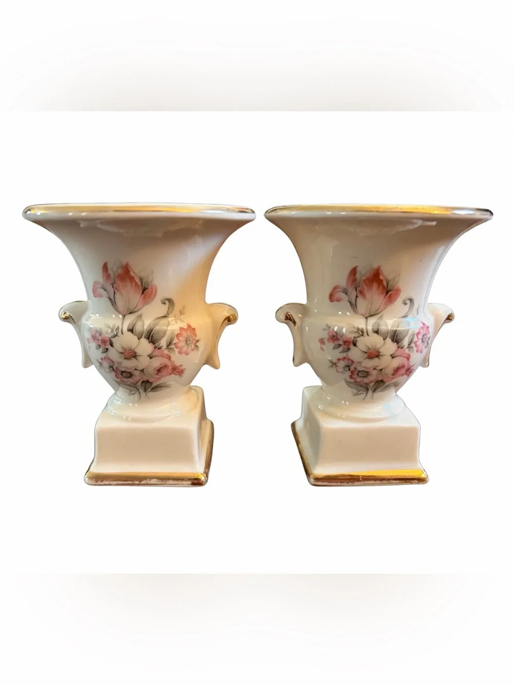 Vintage Double Handled Floral Urn Mantel Vase Pair Gold Trim